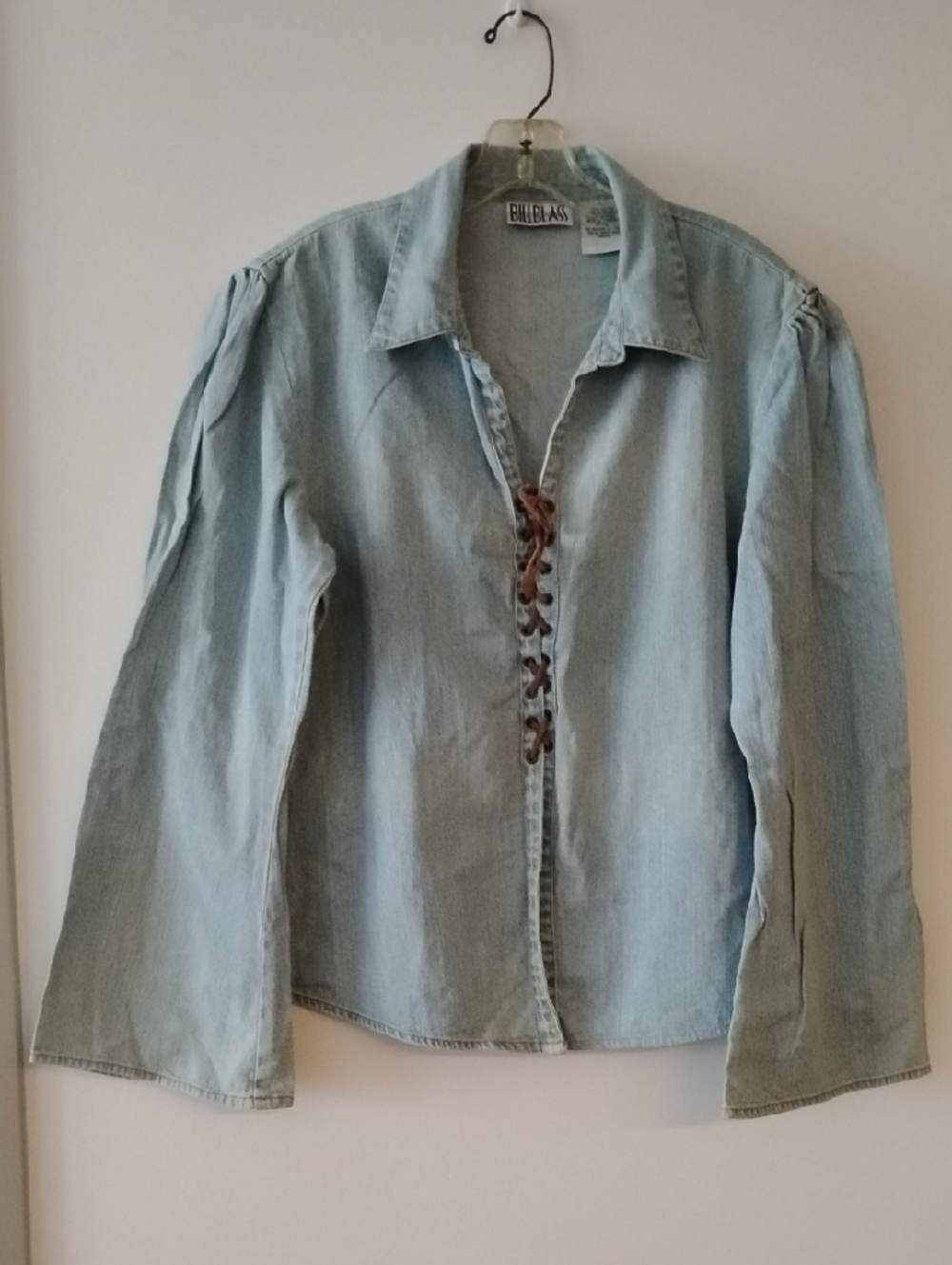 bill blass Light Blue Denim Long Sleeve Lace-Front Top